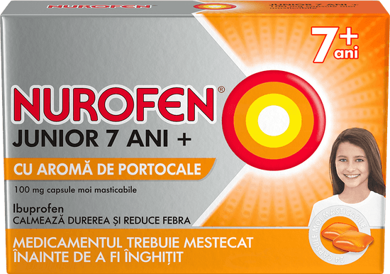 Nurofen junior 7 ani+ cu aromă de portocale 100 mg, capsule moi masticabile