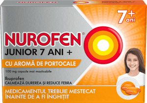 Nurofen junior 7 ani+ cu aromă de portocale 100 mg, capsule moi masticabile